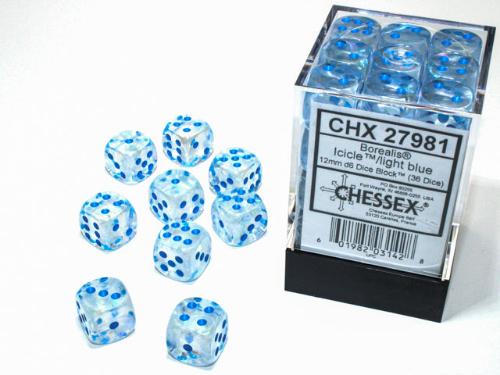 Borealis Icicle/light blue Luminary 12mm d6 Dice Block (36 dice) - Paradise Hobbies LLC