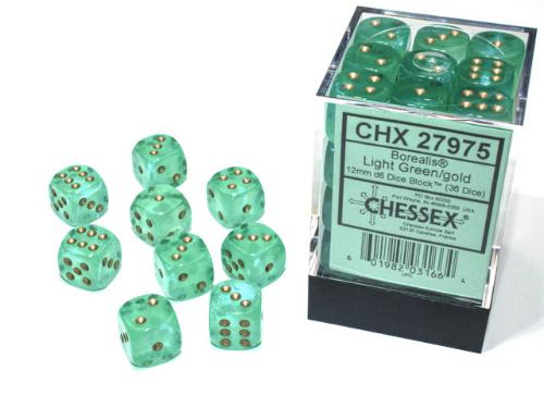 Borealis Light Green/gold Luminary 12mm d6 Dice Block (36 dice) - Paradise Hobbies LLC