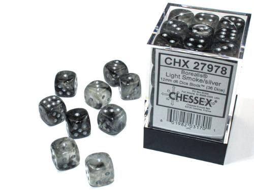 Borealis Light Smoke/silver Luminary 12mm d6 Dice Block (36 dice) - Paradise Hobbies LLC