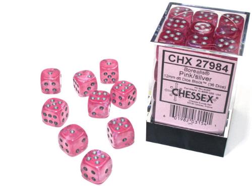 Borealis Pink/silver Luminary 12mm d6 Dice Block (36 dice) - Paradise Hobbies LLC