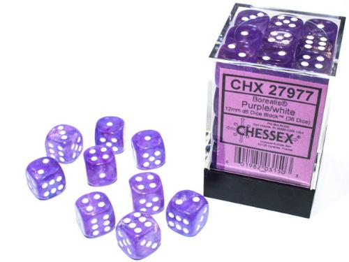 Borealis Purple/white Luminary 12mm d6 Dice Block (36 dice) - Paradise Hobbies LLC