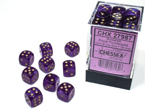 Borealis Royal Purple/gold Luminary 12mm d6 Dice Block (36 dice) - Paradise Hobbies LLC