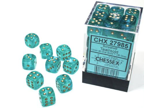 Borealis Teal/gold Luminary 12mm d6 Dice Block (36 dice) - Paradise Hobbies LLC