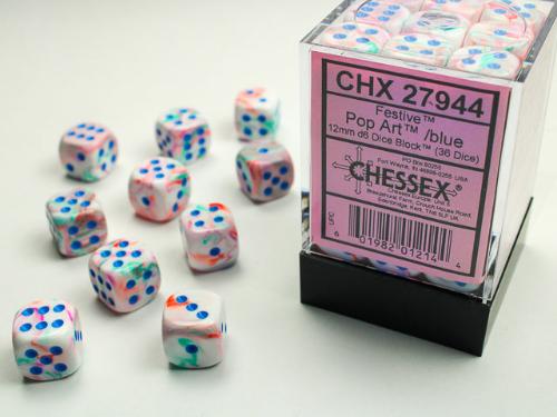 Festive Pop Art/blue 12mm d6 Dice Block (36 dice) - Paradise Hobbies LLC