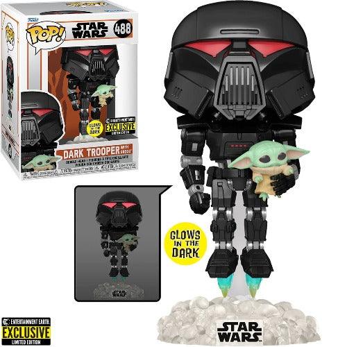 Funko Pop! Star Wars: The Mandalorian Dark Trooper with Grogu Glow-in-the-Dark - Paradise Hobbies LLC