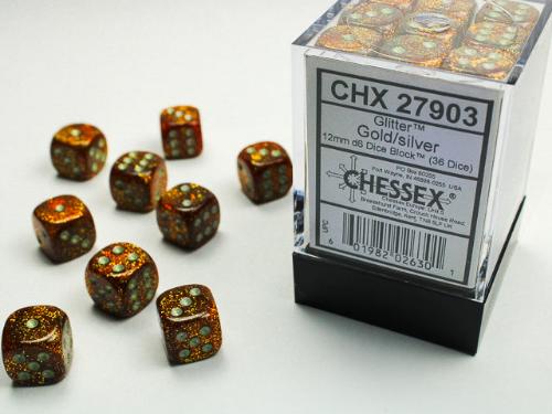 Glitter Gold/silver 12mm d6 Dice Block (36 dice) - Paradise Hobbies LLC