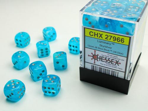 Luminary Sky/silver 12mm d6 Dice Block (36 dice) - Paradise Hobbies LLC