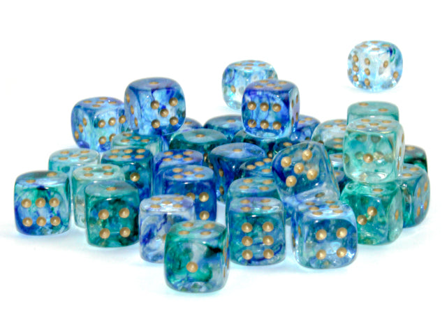 Nebula Oceanic/gold Luminary 12mm d6 Dice Block (36 dice) - Paradise Hobbies LLC