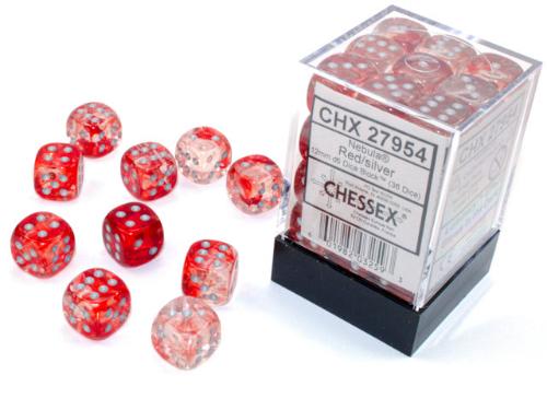 Nebula Red/silver Luminary 12mm d6 Dice Block (36 dice) - Paradise Hobbies LLC