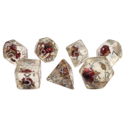 Old School 7 Piece DnD RPG Dice Set: Infused - Red Flower - Paradise Hobbies LLC