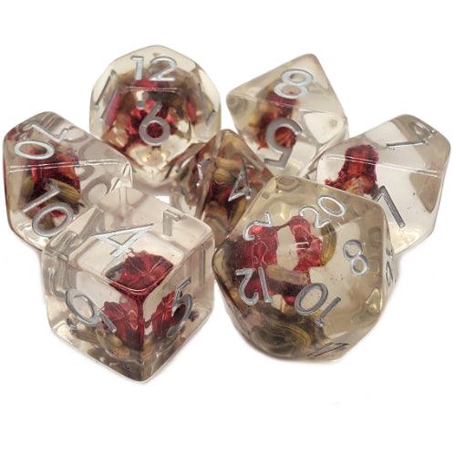 Old School 7 Piece DnD RPG Dice Set: Infused - Red Flower - Paradise Hobbies LLC