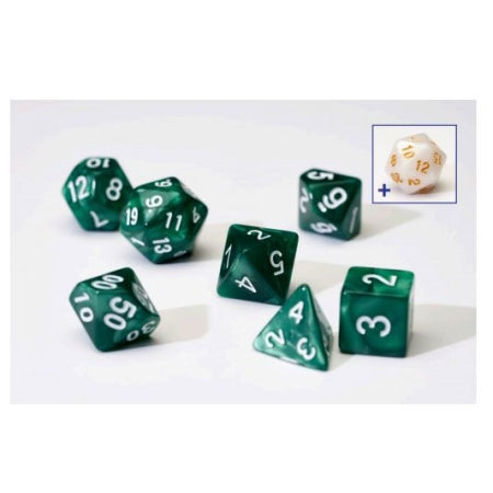 SIRIUS DICE 7CT: OPAQUE POLY DICE SET - PEARL/GREEN W/WHITE ACRYLIC