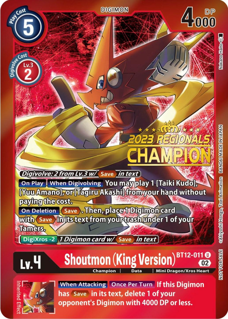 Shoutmon (King Version) [BT12-011] (2023 Regionals Champion) [Across Time Promos] - Paradise Hobbies LLC