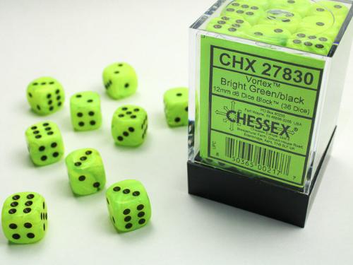 Vortex Bright Green/black 12mm d6 Dice Block (36 dice) - Paradise Hobbies LLC