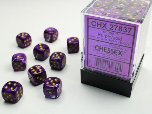 Vortex Purple/gold 12mm d6 Dice Block (36 dice) - Paradise Hobbies LLC