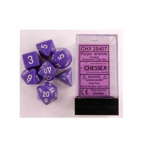 Chessex Dice Set-Opaque: Poly Set Purple/White (7) - Paradise Hobbies LLC