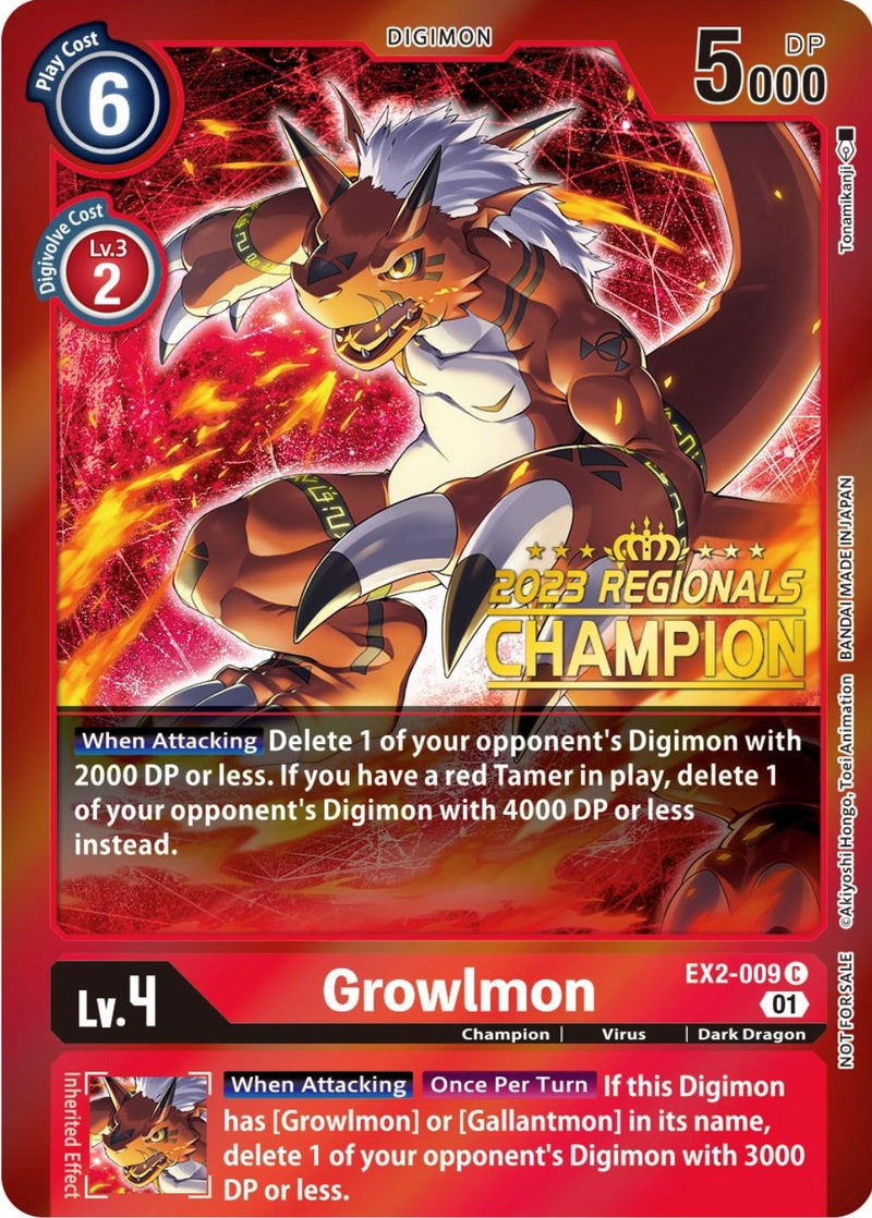 Growlmon [EX2-009] (2023 Regionals Champion) [Digital Hazard Promos] - Paradise Hobbies LLC