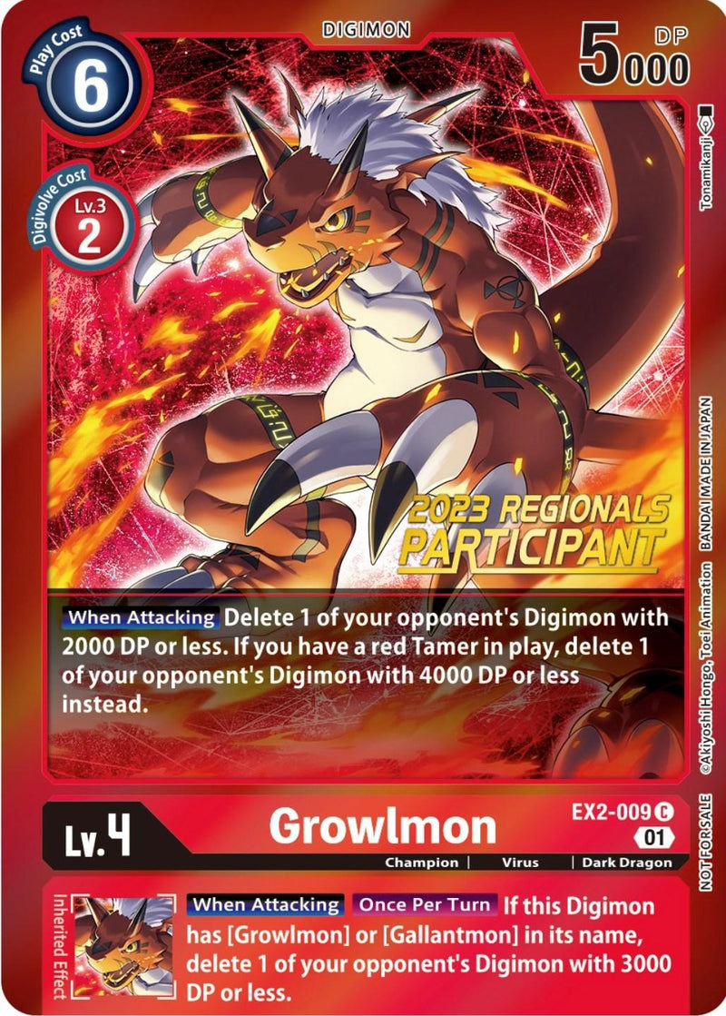 Growlmon [EX2-009] (2023 Regionals Participant) [Digital Hazard Promos] - Paradise Hobbies LLC