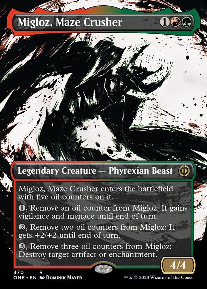 Migloz, Maze Crusher (Borderless Ichor Step-and-Compleat Foil) [Phyrexia: All Will Be One] - Paradise Hobbies LLC