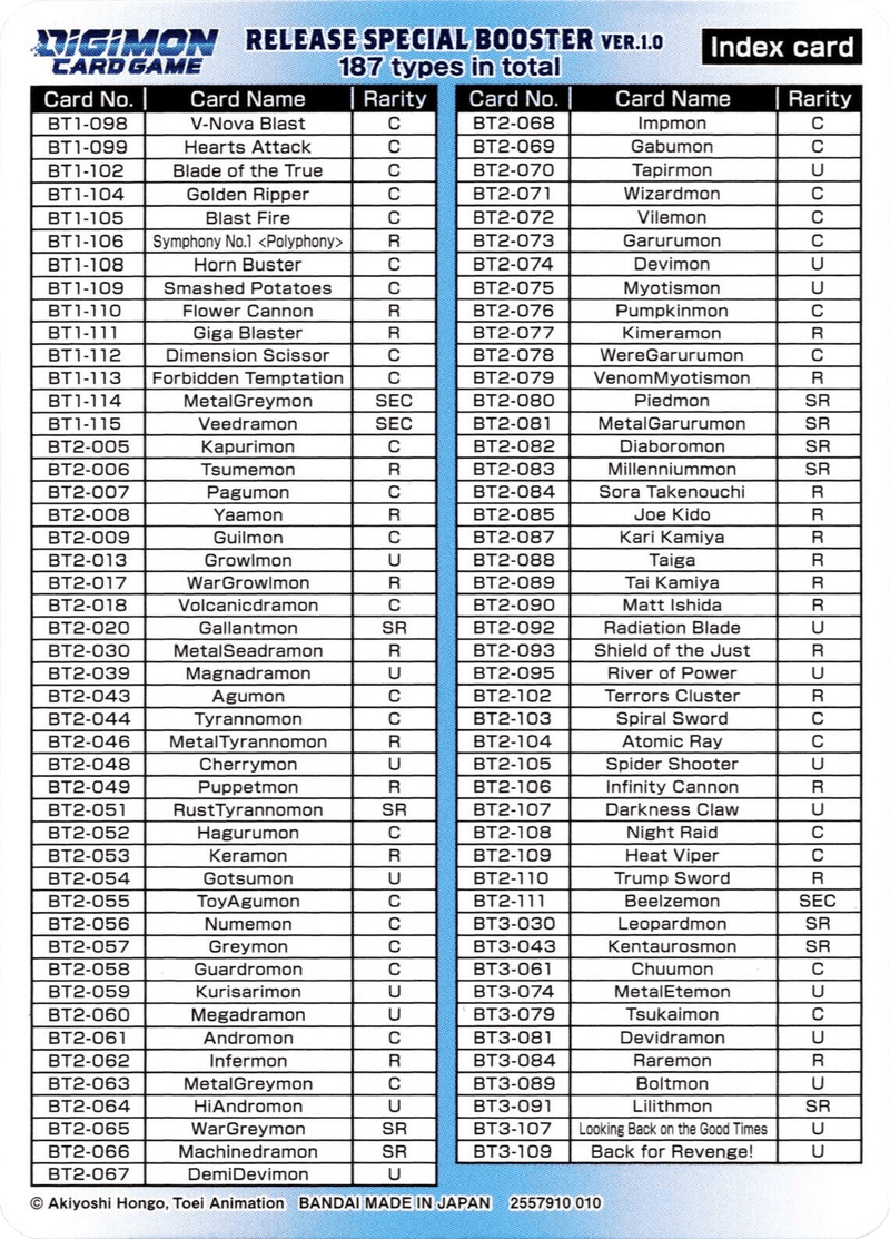 Release Special Booster Ver.1.0 Index Card (Player 2) [Release Special Booster Ver.1.0] - Paradise Hobbies LLC